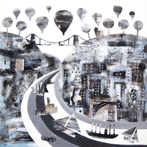 ﻿Mixed media collage print in monochrome celebrating Bristol, UK. Print by Jenny Urquhart found in The Bristol Shop.