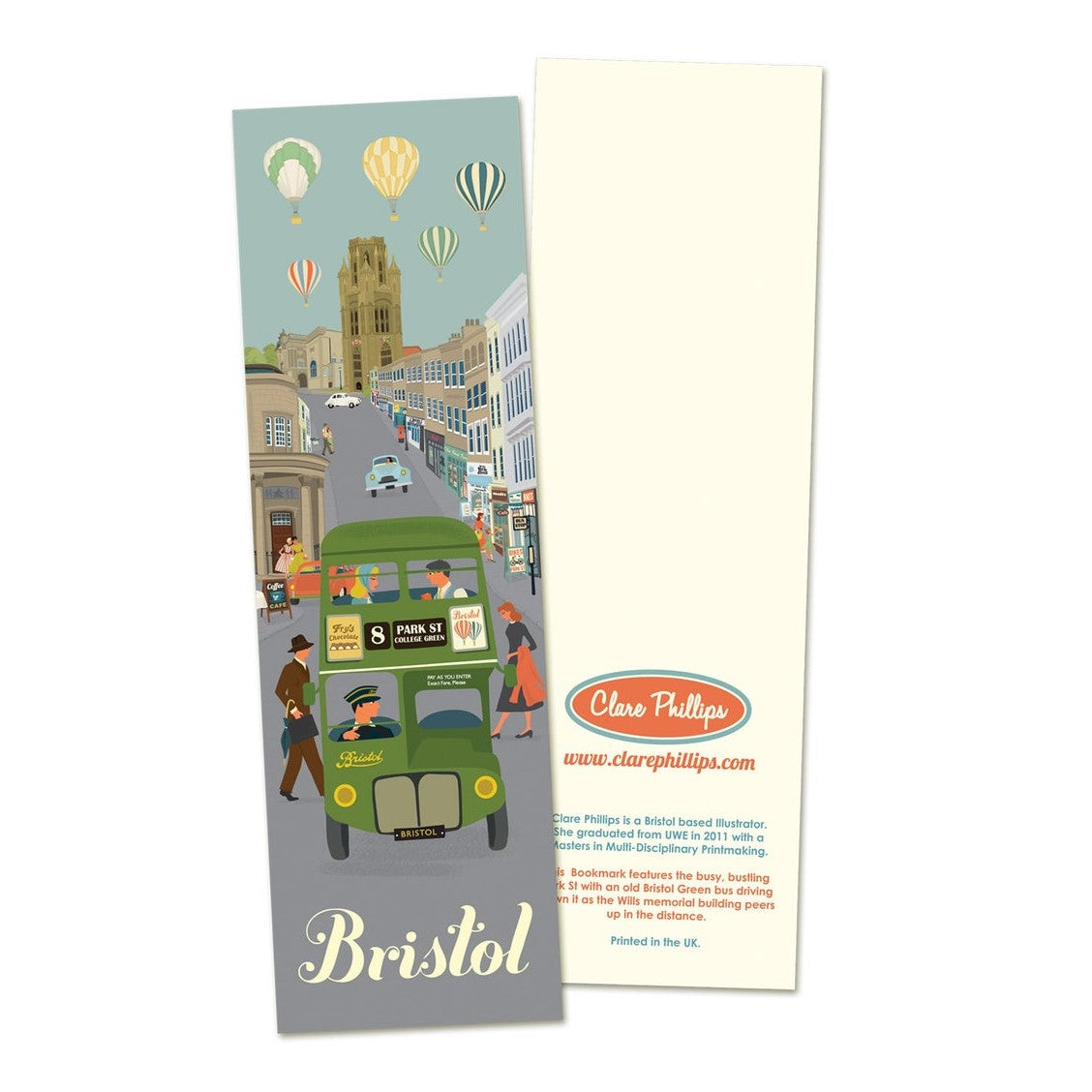 Bristol Bookmark with illustration of vintage green bus on Park Street