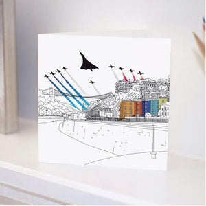 Concorde Greetings Card with the Red Arrows flying over Clifton Suspension Bridge Bristol