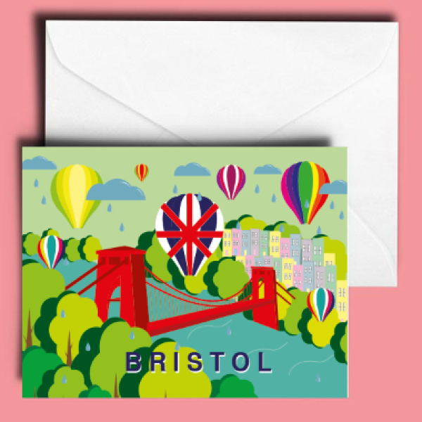 A6 Clifton Suspension Bridge and Balloons in Summer Greetings Card by Adriana Barrios