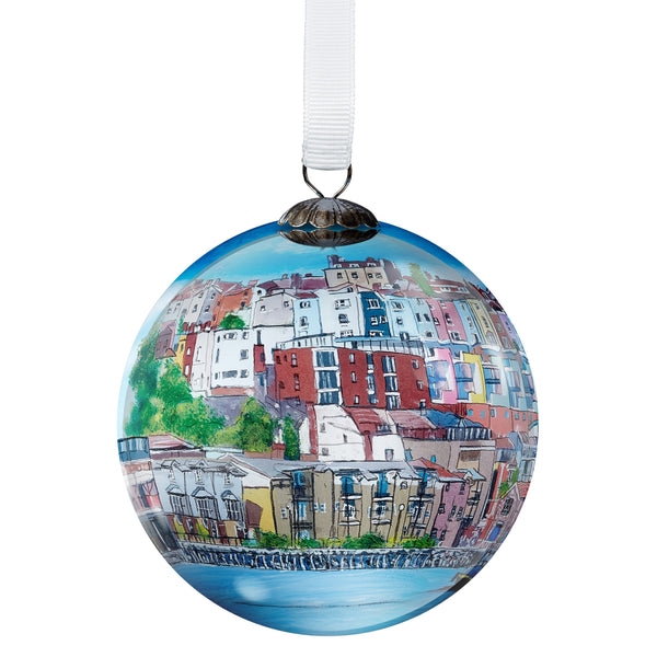 Bristol glass bauble featuring a painting of Bristol harbourside