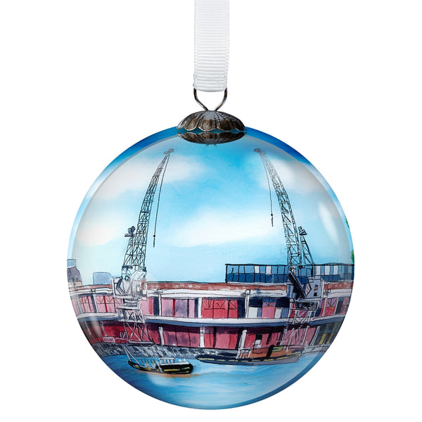 Handmade Bristol Bauble featuring a painting of the MShed and Cranes