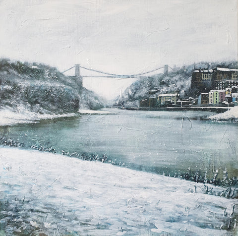 Print of an original acrylic painting featuring Clifton Suspension Bridge covered in snow.