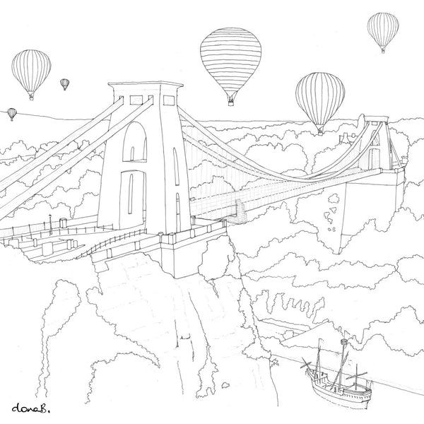 Front - Clifton Suspension Bridge 'Colour Me In' Greetings Card by dona B drawings | The Bristol Shop