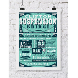 Clifton Suspension Bridge Facts in Teal, A3 Art Print by Susan Taylor Art | The Bristol Shop
