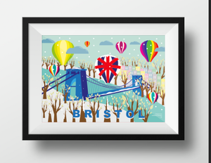 Clifton Suspension Bridge and Balloons in Winter A4 or A3 Poster by Adriana Barrios | The Bristol Shop