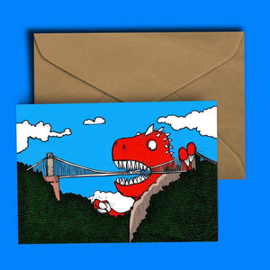 Dinosaur vs Bristol Suspension Bridge Greetings Card by Dixon Does Doodles