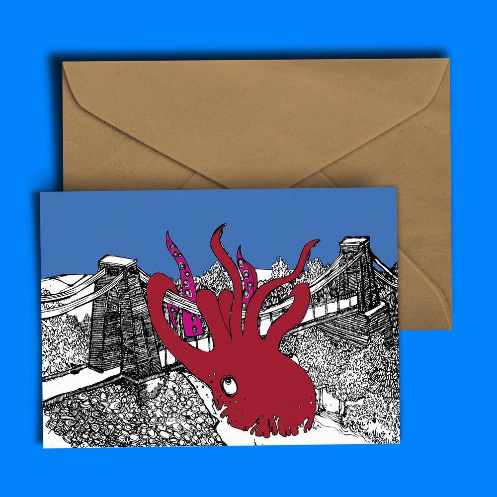 Octopus vs Bristol Suspension Bridge Greetings Card by Dixon Does Doodles