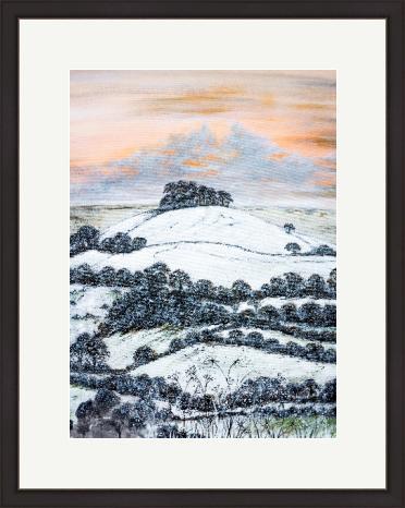 Framed print of Kelston Roundhill in the snow painting at The Bristol Shop