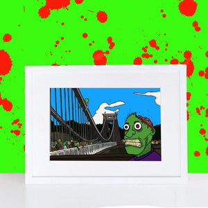Zombies walking over Clifton Suspension Bridge A4-A3 Print by Dixon Does Doodles