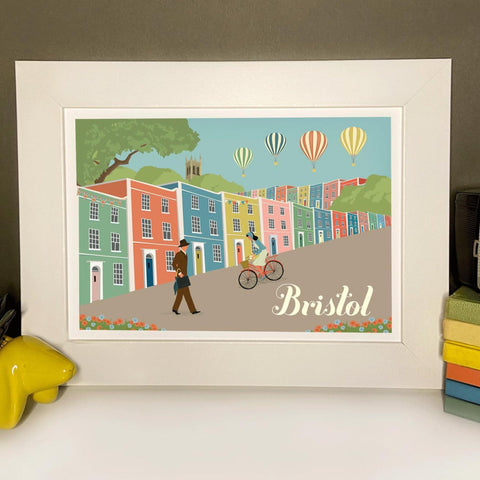 Bristol Rainbow Houses and Hot Air Balloon retro style digital illustration by Clare Phillips