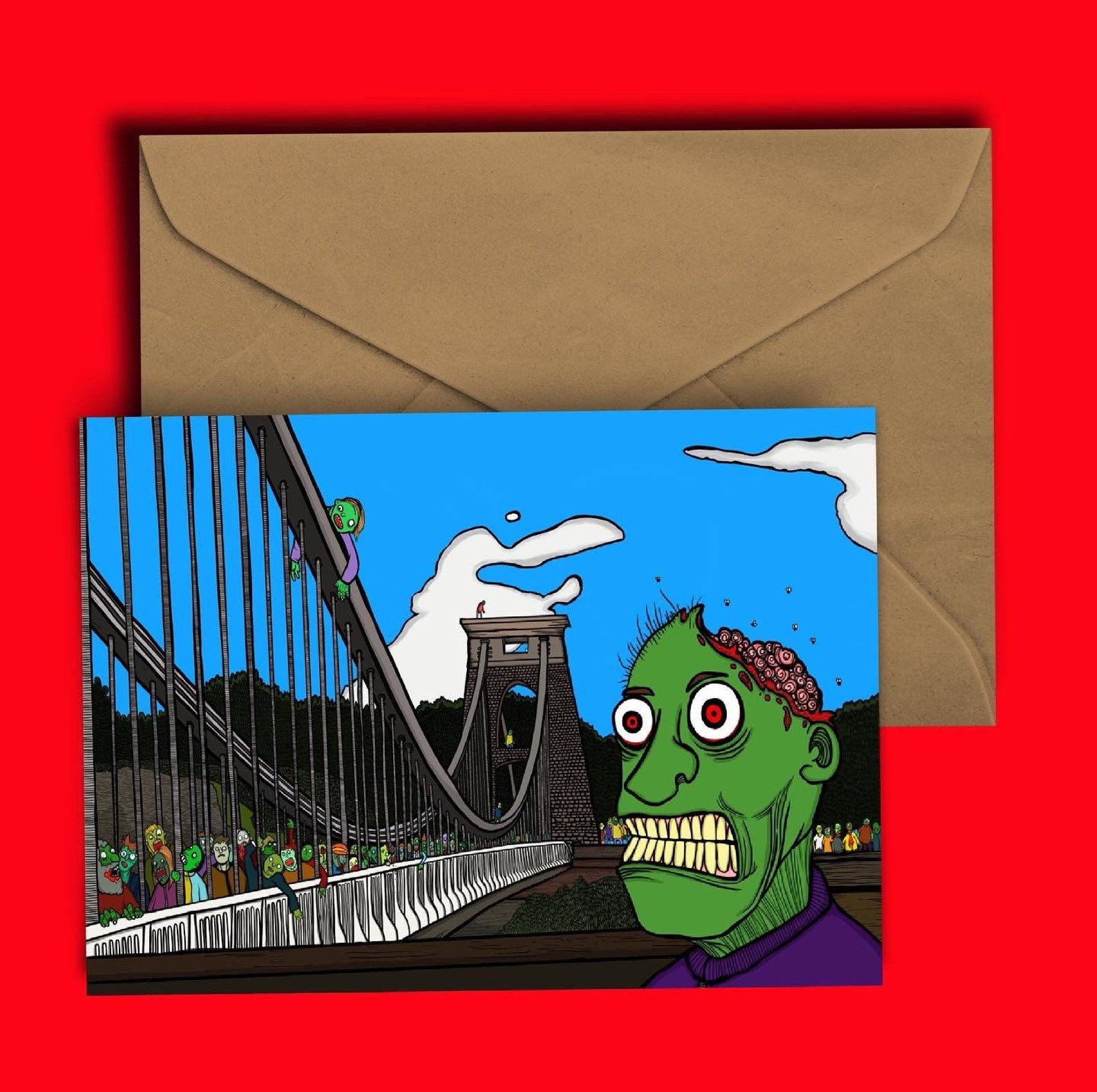 Clifton Suspension Bridge Greetings Card with zombies