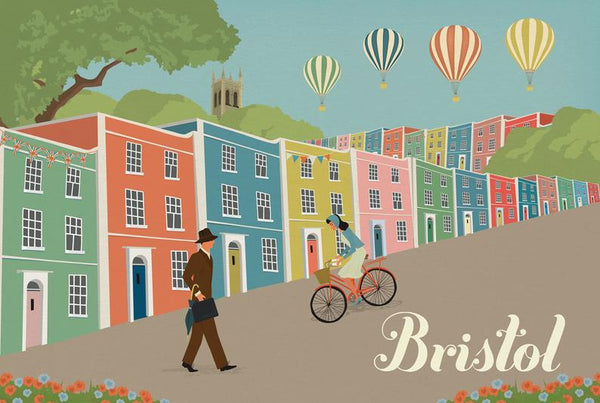 Bristol Rainbow Houses and Hot Air Balloon retro style digital illustration by Clare Phillips