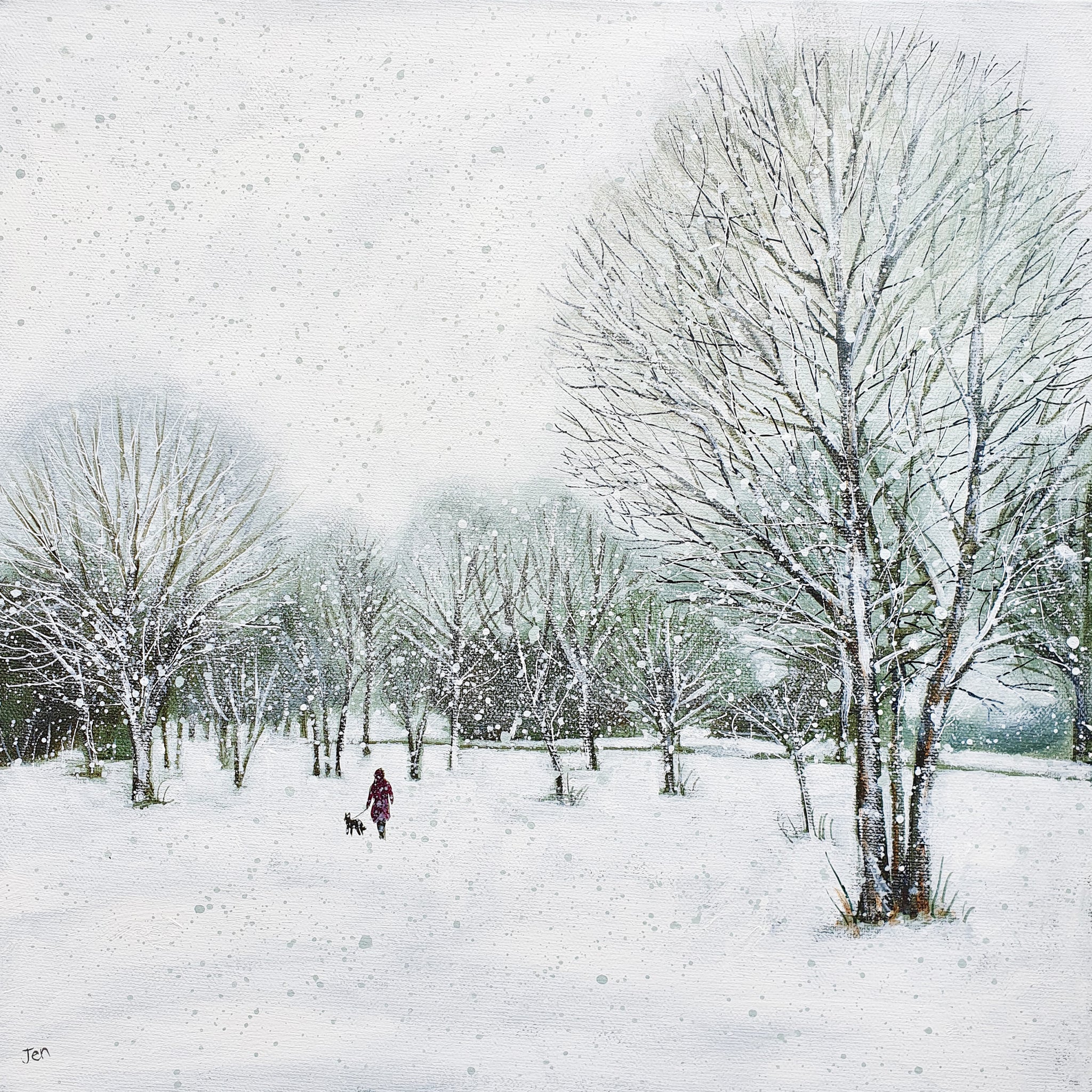 Snow on the Downs in Westbury Park, Bristol. Painting by Jenny Urquhart at The Bristol Shop
